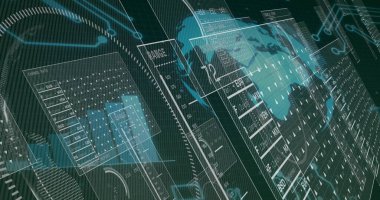 Karanlık ızgara üzerinde gösterilen, katmanlı şeffaf paneller ve para birimi tabloları gösteriliyor. Fütürist, arayüz, veri görselleştirme, teknoloji, analitik, sanal, parlak