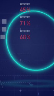 Animation of neon circles over digital screen with financial data and graphs. Global finance, economy and technology concept digitally generated video.