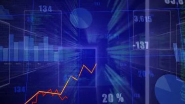 Neon tünelinde hareket eden kamera, üç çizgi grafikleri yükseldikçe yüzde yüz etiketlerinin güncellenmesine neden oluyor. Futuristik, dijital, görselleştirme, veri, soyut, teknoloji, analitik