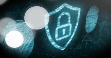 Başlangıçta mavi kalkanda birleşen parçacıklar ve ağ güvenliğini gösteren parmak izleri. Siber güvenlik, dijital, koruma, şifreleme, ağ, teknoloji, gizlilik