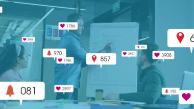 Takım piyasa eğilimlerini gösterirken sunucu başlık ve kalpler çanları üretiyor. İşbirliği, beyin fırtınası, yenilik, analitik, iletişim, kurumsal, modern