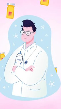 Beyaz arka planda doktor ve ilaç ikonlarının canlandırılması. Grip, hastalık, virüs ve aşı konsepti dijital olarak üretilen video.