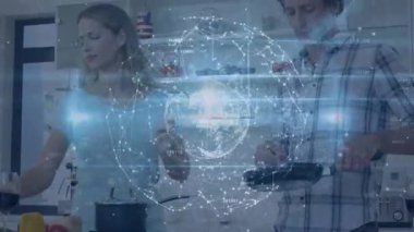 Yemek tarifini dinleyen bir kadın. Yağ döken bir adam, tencereyi teknoloji küresinin altına yerleştiriyor. İşbirliği, teknoloji, yenilik, modern, mutfak, dijital, ortaklık