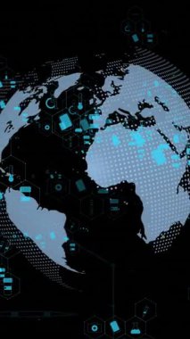 Siyah arka planda tıbbi simgelerin ve kürenin animasyonu. Küresel tıp ve dijital arayüz kavramı dijital olarak oluşturulmuş video.