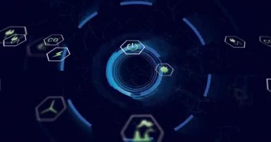 Halka görünme merkezi dönen halkaları başlatıyor ve enerji döngüsünü gösteren yeşil altıgen simgelerini kaydırıyor. Teknoloji, siber güvenlik, sürdürülebilirlik, yenilik, dijital arayüz, akıllı sistem, çevre dostu
