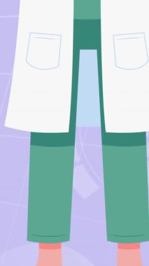 Mor arkaplanda dijital simgelerin üzerine yüz maskesi takan doktorların animasyonu. küresel covid 19 salgın konsepti dijital olarak oluşturulmuş video.