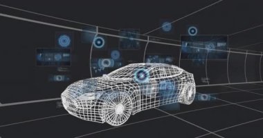 geniş çerçeveli sedan merkezi tüneli aktifleştiriyor yüzen veri düğümleri görünür hale geliyor araba teşhisleri. Futuristik, teknoloji, dijital, araç, arayüz, yenilik, analitik