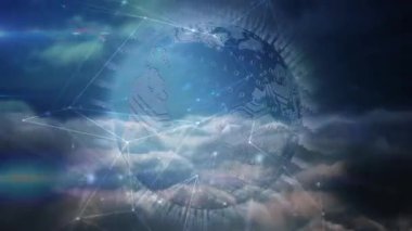 Bulutların üzerinde uçan dijital küre veri akışını gösteren ikili akımları gösteriyor. Gelecek, teknoloji, yenilik, soyut, görselleştirme, siber, bağlantı