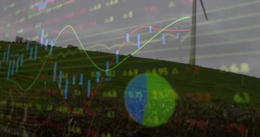 Bulutlu gökyüzü yükselen dalgaları başlatır. Türbin bıçakları dönerken verileri gösteren çizelgeler oluşturur. Sürdürülebilirlik, yenilenebilirlik, dijital, analitik, veri görselleştirme, çevre dostu