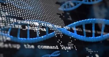 3D DNA sarmalının ortaya çıkmasıyla noktalı harita üzerinde dönen kod kaydırmalı görselleştirme genetiği. Gelecekçi, dijital, bilimsel, soyut, yenilik, teknoloji, görselleştirme