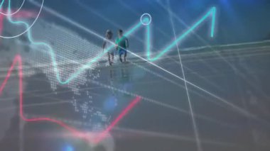 Kamera, plajı kardeşlerin neon grafiklerle koşup analitik barlara evrimleştiklerini gösteriyor. Çocuklar, veri görselleştirme, dijital manzara, fütüristik, açık hava, oyuncu, teknolojiden esinlenilmiş