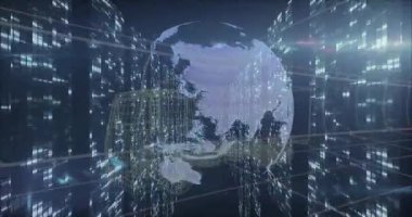 Veri ağı içinde saat yönünde dönen, veri akışını gösteren yarı saydam kablo küresi fırlatıldığında. Fütüristik, dijital, teknoloji, ağ, soyut, yenilik, bağlantı