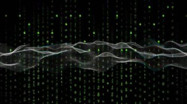 Başlangıçta, beyaz dalga biçimi yükselir, dalgalanır ve ikili akıntılar üzerinde kaybolur veri akışını görselleştirir. Veri, teknoloji, soyutlama, dijital, hareket, geleceksel, görselleştirme