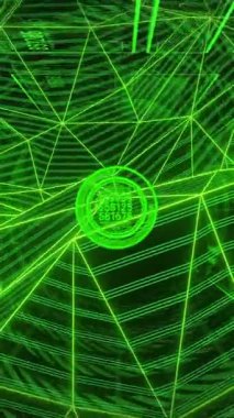 Sayılar ve geometrik şablonlar ile canlı yeşil dijital ızgaranın animasyonu. Gelecek, teknoloji, veri, bağlantı, sanal, siber