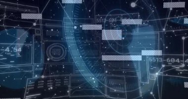 Koyu mavi kaplama, görüntü verileri kaydırırken arayüz canlandırma göstergesi döndürme işlemini başlatıyor. Fütürist, teknoloji, dijital, arayüz, analitik, veri görselleştirme, holografik