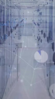 Animation of mathematical equations and data processing over server room. Global technology, computing and digital interface concept digitally generated video.