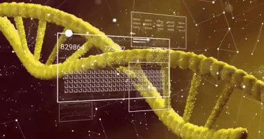 Başlangıçta, paneller solarken ve moleküler veri için numaraları güncellerken 3D DNA sarmalı dönüyor. Moleküler, biyoteknoloji, veri görselleştirme, bilimsel, geleceksel, dijital, yenilik