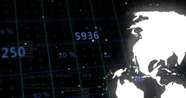 Küresel ölçümleri göstermek için sayısal verileri güncelleyerek 3D ızgarada dönen şebeke tetikleyicili dijital dünya. Siber uzay, fütüristik, görselleştirme, analitik, teknoloji, veri, soyut