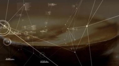 Dönen kahverengi sıvı sürüş düğümleri HUD veri animasyonlarıyla soluyor, çubuk çizelgeleri istifliyor. Teknoloji, veri görselleştirme, dijital arayüz, ağ analizi, soyut, geleceksel, yenilikçi