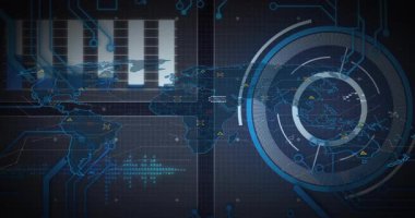 Çizelge sabitleyici dünya haritası ile açılıyor. soluk UD döndürme büyüsü verisi izleme için hareket ediyor. Teknoloji, analitik, görselleştirme, fütüristik, arayüz, dijital, veri