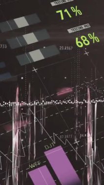 Siyah arkaplandaki bağlantı ağının ekranları üzerinden istatistiksel veri işleme animasyonu. Küresel ağ ve iş veri teknolojisi kavramı