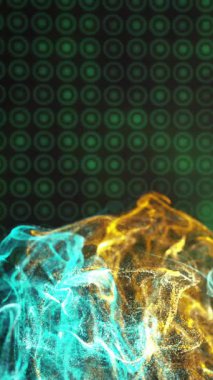 Yeşil noktalar üzerinde yeşil ve turuncu şekillerin animasyonu. Teknoloji, şekiller ve dijital arayüz konsepti dijital olarak oluşturulmuş video.