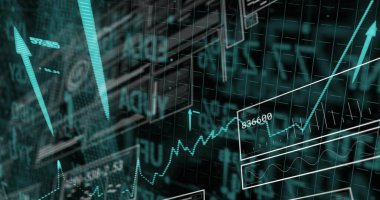 Veri panelleri ve deniz mavisi oklarıyla yukarı doğru eğilimli grafiği gösteren gösterge paneli gösteriliyor. Analizler, gösterge paneli, teknoloji, finans, yenilik, veri görselleştirme, iş zekası