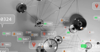 Ağ boşluğunda yüzen veri etiketleri ve simgeleri olan merkezi metalik düğümler gösteriliyor. Futuristik, teknoloji, bağlantı, dijital, soyut, veri görselleştirme, ağ