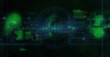 Merkezi zincir bağlantısının ikili akımlar, çerçeveler, göstergeler ve düğümlerle birlikte döndüğünü gösteriyor. Siber güvenlik, engelleme zinciri, veri görselleştirme, dijital ağ, gelecek, teknoloji, veri analizleri