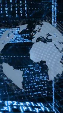 İkili kod ve programlama dili elementleriyle dijital dünyanın animasyonu. Teknoloji, sanal, veri, kodlama, ağ, fütüristik