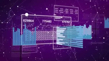 Yarısaydam çerçeve, turkuaz çubukları canlandırırken, paneller görsel ağı döndürürken görünür. Veri, görselleştirme, analitik, dijital, geleceksel, arayüz, teknoloji