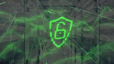 Kalkan simgesi göründüğünde, asma kilit açılıyor, kilitleniyor, koridorda veri güvenliği için dalgalar yükseliyor. Siber güvenlik, veri koruması, dijital altyapı, şifreleme, ağ güvenliği, gelecekçi