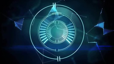 HUD 'nin tetiklemesi halkaların dolmasını tetikler, atımlı parçalar yörüngede döner ve dünyayı görselleştirir. Gelecek, teknoloji, dijital, animasyon, veri, soyut, yenilik