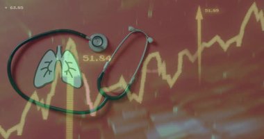 Başlangıçta, sarı grafik izleme, akciğer simgesi parlıyor, steteskop sağlık kontrolü için yanıp sönüyor. Tıbbi, sağlık, tanı, veri görselleştirme, sağlık teknolojisi, dijital, modern