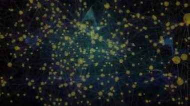 Mavi örgüye bağlanan sarı düğümler ortaya çıkıyor ve bağlantıyı gösteren dönen veri küresi oluşturuyor. Dijital ağ, veri görselleştirme, siber küre, teknolojik füzyon, soyut teknoloji