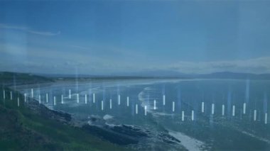 Sahil manzarası sabit duruyor sonra beyaz çubuklar titreşimde kayboluyor ve grafik etiketleriyle veri gösteriliyor. Deniz manzarası, veri görselleştirme, dijital kaplama, sükunet, soyut, analitik, çevresel