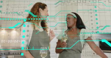 Tezgahta şarap kadehleriyle el kol hareketi yapan iki arkadaş canlandırılmış baharat ikonları hazırlıyor. Sosyalleşme, kutlama, gündelik, sıcak, işbirliği, modern, canlı