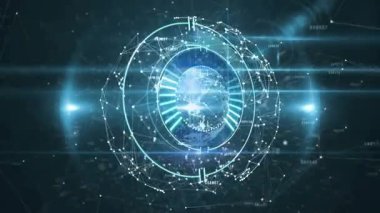 Parlayan dijital Dünya 'nın etrafında cisimleşen, ağ veri akışını görselleştiren, dönen bir ağ. Siber uzay, teknoloji, ağ, veri, dijital, geleceksel, yenilik