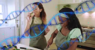 Aşçılar şarap yudumlarken biber doğrarken sebzeler işlemciye animasyon DNA sarmalı ekliyor. Gurme, işbirliği, çağdaş, aşçılık, yaşam tarzı, tazelik, sağlık