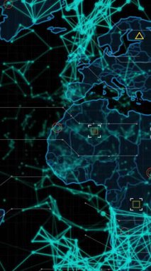 Karanlık arka planda dünya haritasında veri işleme animasyonu. Küresel finans, iş, bağlantılar, hesaplama ve veri işleme kavramı dijital olarak oluşturulmuş video.