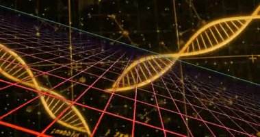 Kamera kayma görüntüsü, şebeke atımı, veriyi görselleştirmek için noktalı yay oluşturma ve döndürme sarmalları. Fütürist, bilimsel, veri görselleştirme, moleküler, dijital, soyut, teknoloji