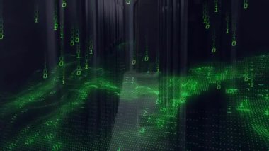 Sunucuda, ağ etkinliğini temsil eden ikili haneli sayılar olarak yüzen yeşil dalga formu sinyali var. Teknoloji, siber güvenlik, veri, dijital, fütüristik, yenilik, ağ