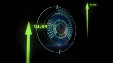 Koyu HUD açılışı, yeşil okların yükselmesine, dönen halkaların sayısal veri gösterimini canlandırmasına neden oluyor. Futuristik, teknoloji, arayüz, veri görselleştirme, hareket, soyut, dijital