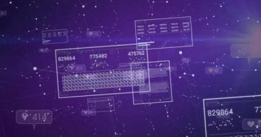 Mor ağda yüzen çerçeveler açılıyor, veri panelleri güncelleniyor, veri akışı gösteriliyor. Dijital, fütüristik, soyut, teknoloji, analitik, yenilik, bağlantı