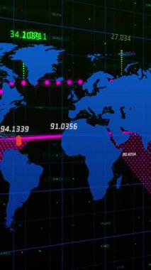 Dünya haritasında finansal veri işleme animasyonu. küresel iş, finans, veri işleme ve teknoloji konsepti dijital olarak oluşturulmuş video.