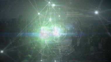 Küre ortaya çıktığında, atım düğümlerini birbirine bağlayan ağ küresi, şehir verilerini görselleştiren alevler. Teknoloji, bağlantı, dijital, fütürizm, ağ, yenilik, siber uzay
