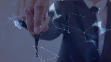 Ağ hatları küresel güvenliği gösterirken adam elini uzatıyor. Teknoloji, siber güvenlik, yenilik, dijital, bağlantı, ağ, fütüristik