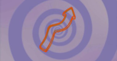 Dijital sanatta yukarı doğru kıvrımlı kalın turuncu ok, mor spiral kıvrımlı deseni gösteriyor. Soyut, geometrik, canlı, hipnotik, gelecekçi, dinamik, dijital sanat