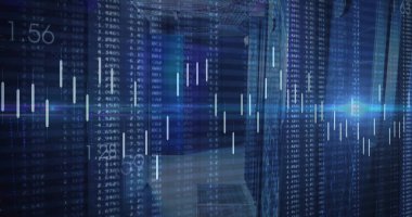 Dijital finansal veriler su baskını veri merkezi koridorunu sunucu rafları ve şamdan çubuklarıyla örtüyor. Teknoloji, finans, siber güvenlik, otomasyon, yenilik, modern, girişim