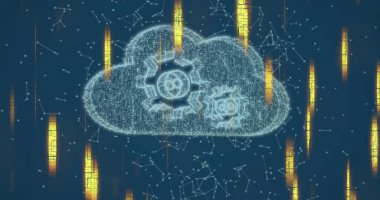 Sanal ağ boşluğunda, vites sembolleriyle piksellenmiş dijital bulut simgesi işleme verileri gösteriliyor. Teknoloji, yenilik, siber güvenlik, bağlantı, veri, otomasyon, dijital